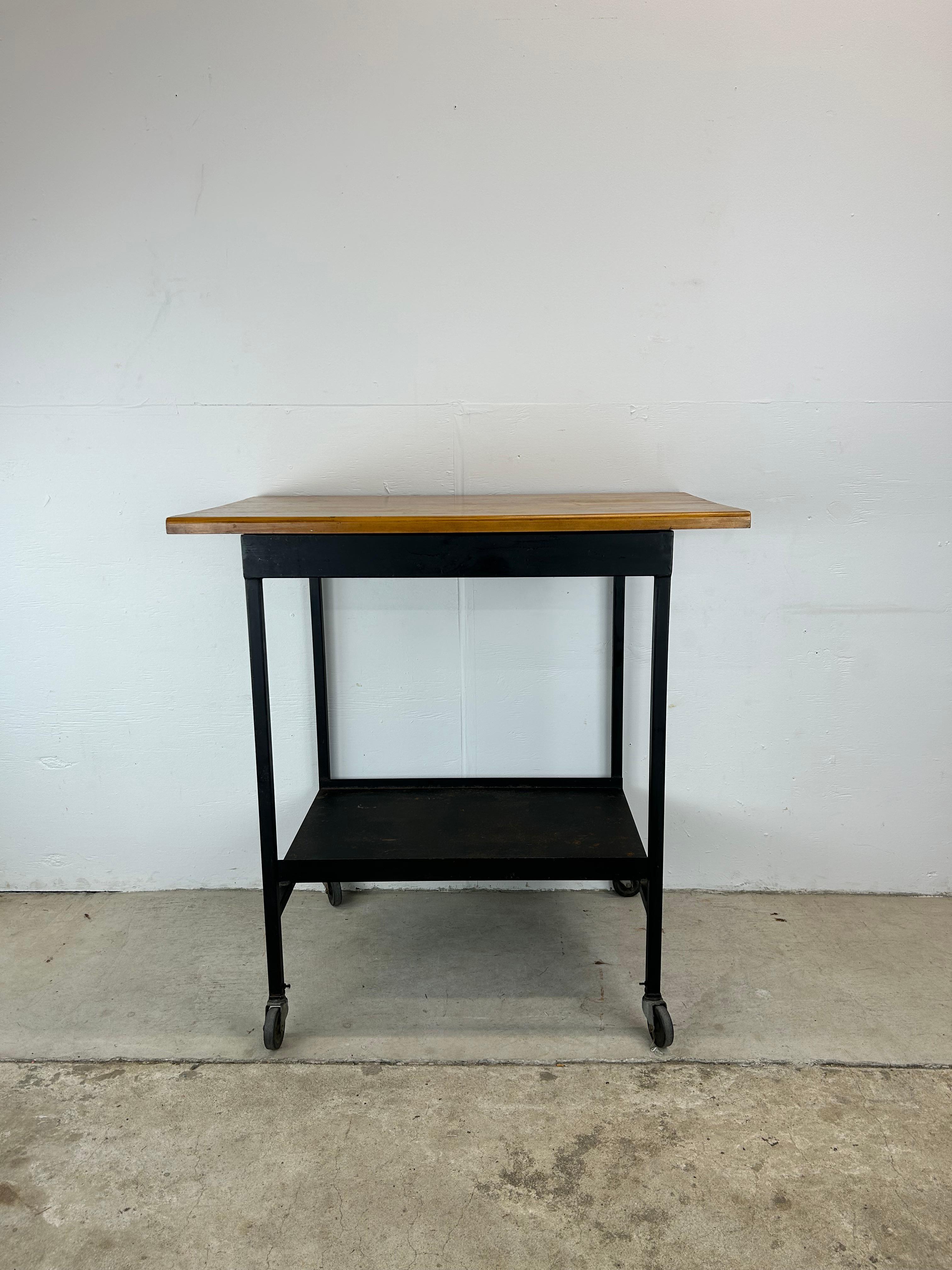 American Mid Century Industrial Bar Cart with Wheeled Base & Butcher Block Top For Sale