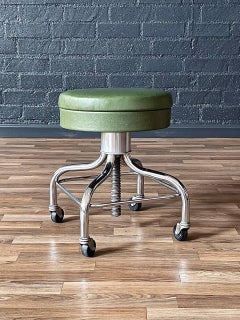 Mid-Century Industrial Chrome Adjustable Drafting Green Stool by Pedigo
