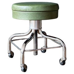 Mid-Century Industrial Chrome Adjustable Drafting Green Stool by Pedigo
