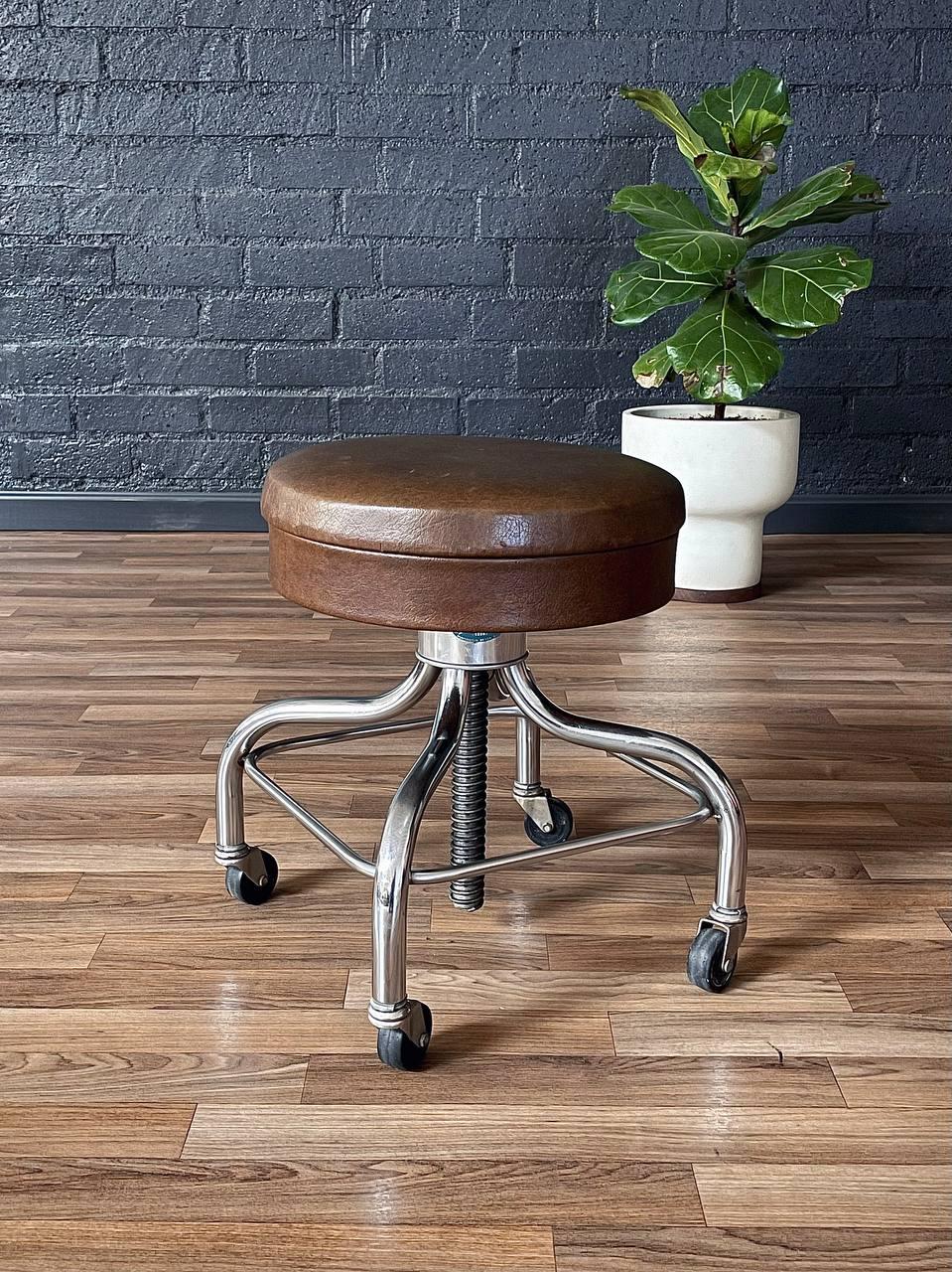 American Mid-Century Industrial Chrome Adjustable Drafting Stool by Pedigo