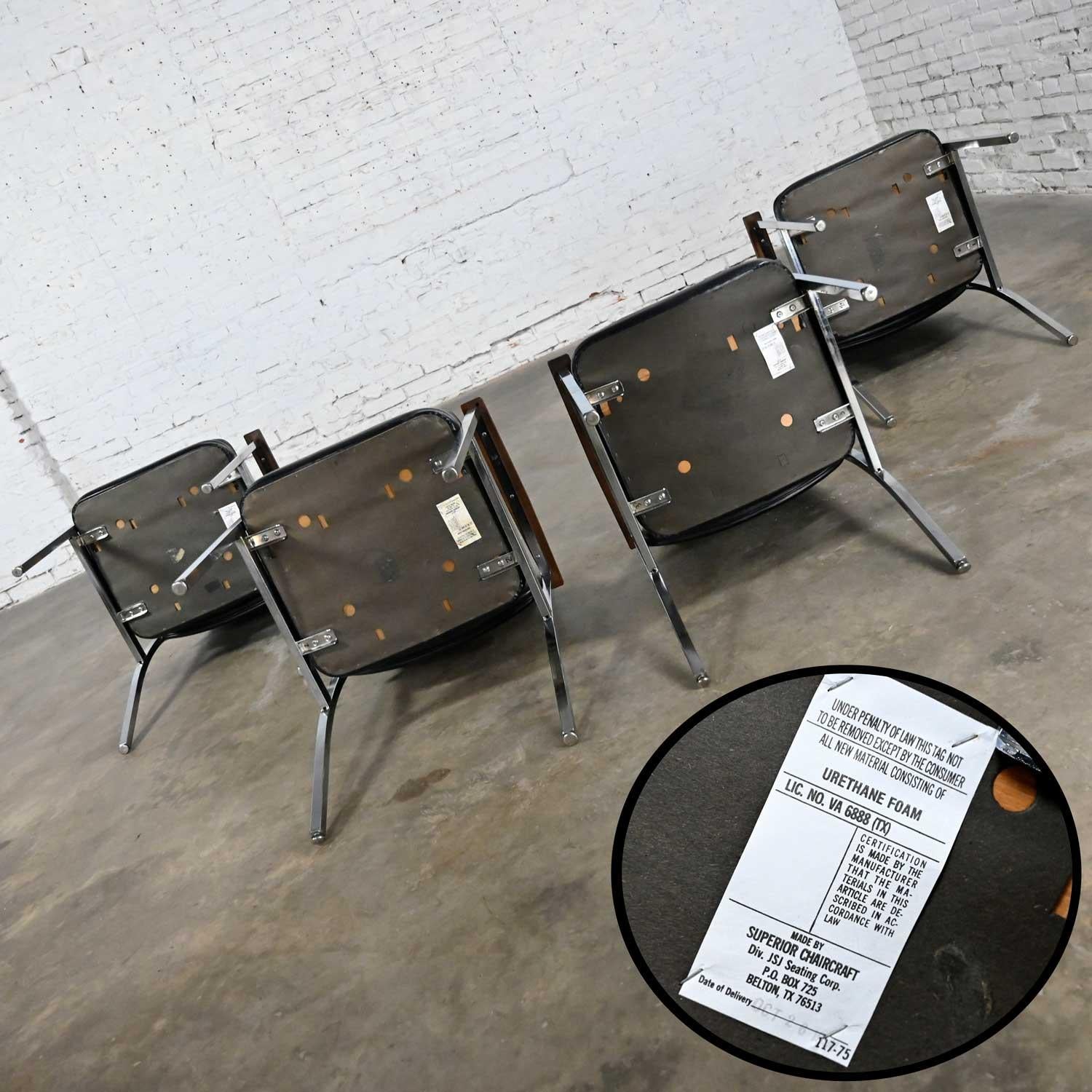 Mid Century Industrial Chrome & Black Vinyl Wood Arms Dining Office Chairs Set 4 For Sale 6