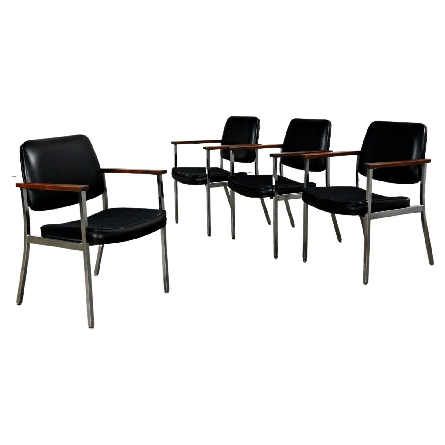 Mid Century Industrial Chrome & Black Vinyl Wood Arms Dining Office Chairs Set 4 For Sale