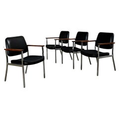 Vintage Mid Century Industrial Chrome & Black Vinyl Wood Arms Dining Office Chairs Set 4