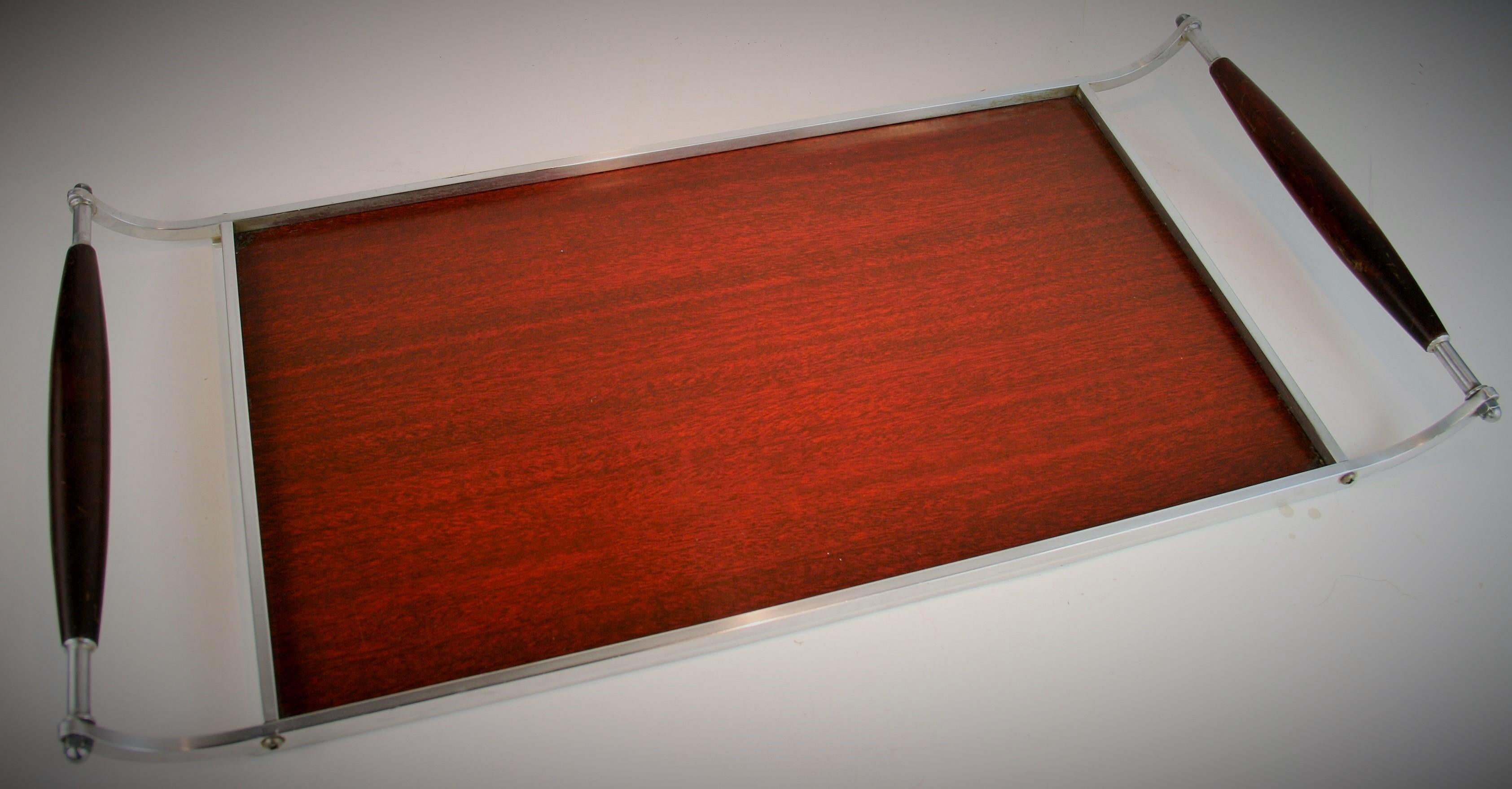 3-448, midcentury industrial design aluminum and walnut serving tray with laminate surface.