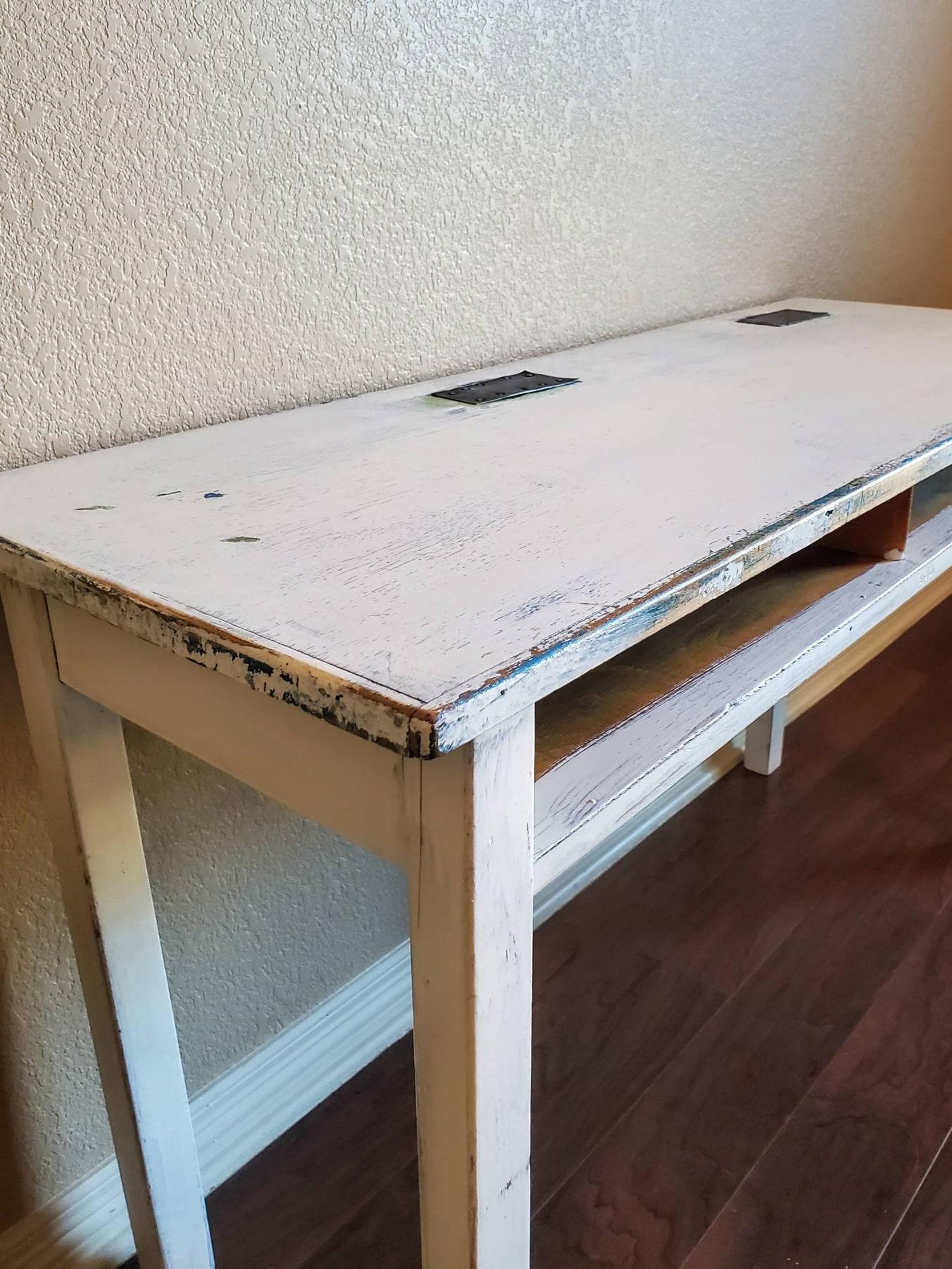 Mid-Century Industrial Distressed Painted Desk In Fair Condition In Forney, TX