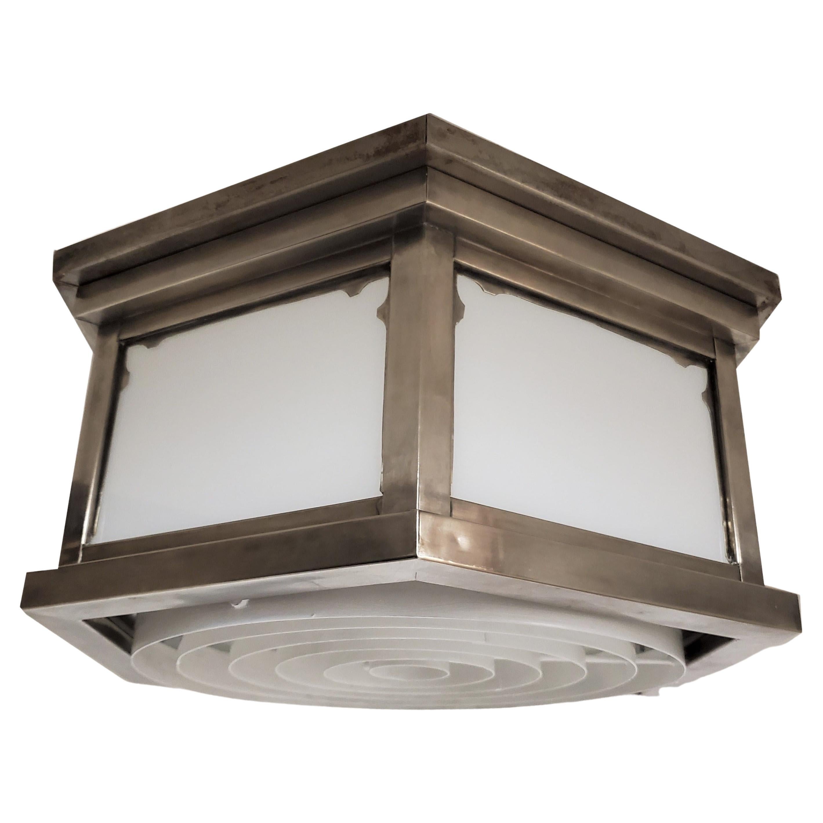Mid Century Industrial Flush Mount in Nickeled Brass with White Glass In Good Condition For Sale In New York City, NY