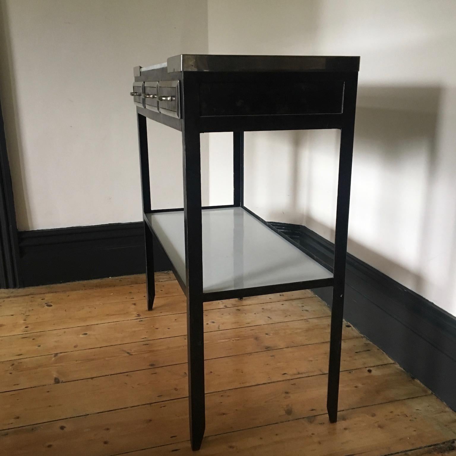 20th Century Midcentury Industrial French Milk Glass Topped Metal Console with Three Drawers