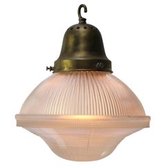 Mid-Century Industrial Glass & Brass Pendant Lights by Holophane USA