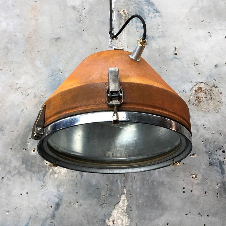 Mid Century Industrial Iron & Aluminum Conical Pendant Rust Appliqué VEB GDR  For Sale 5