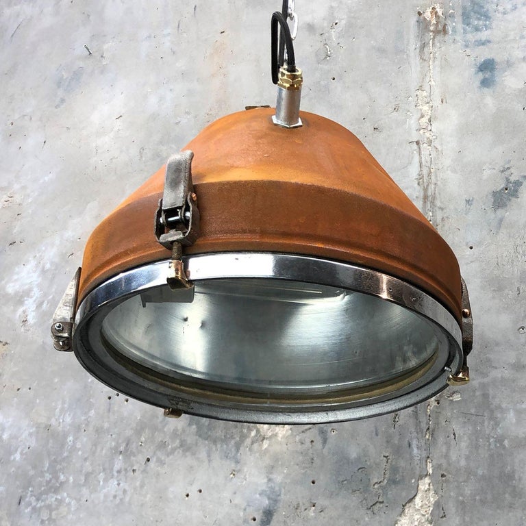 Mid Century Industrial Iron & Aluminum Conical Pendant Rust Appliqué VEB GDR  For Sale 6