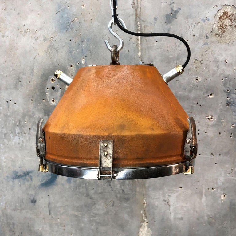German Mid Century Industrial Iron & Aluminum Conical Pendant Rust Appliqué VEB GDR  For Sale