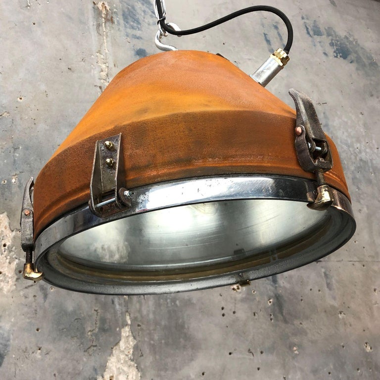 Late 20th Century Mid Century Industrial Iron & Aluminum Conical Pendant Rust Appliqué VEB GDR  For Sale