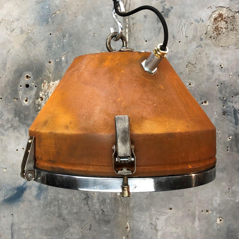 Mid Century Industrial Iron & Aluminum Conical Pendant Rust Appliqué VEB GDR  For Sale 1