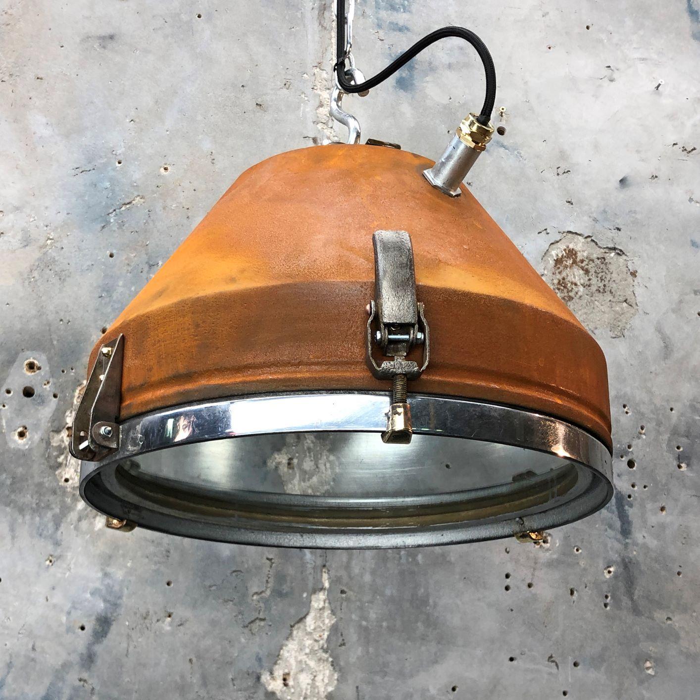Mid Century Industrial Iron & Aluminum Conical Pendant Rust Appliqué VEB GDR  For Sale 3