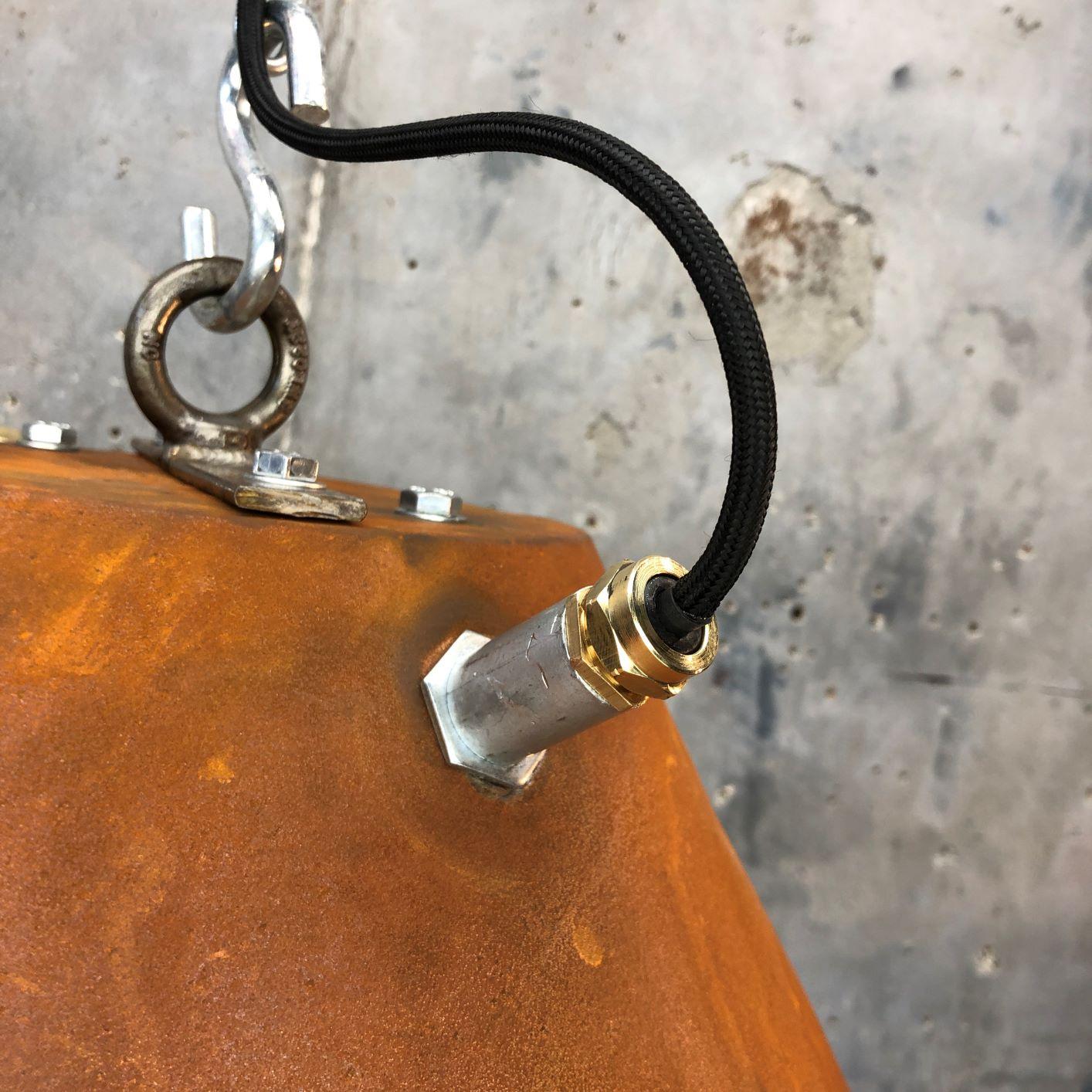 Mid Century Industrial Iron & Aluminum Conical Pendant Rust Appliqué VEB GDR  For Sale 4