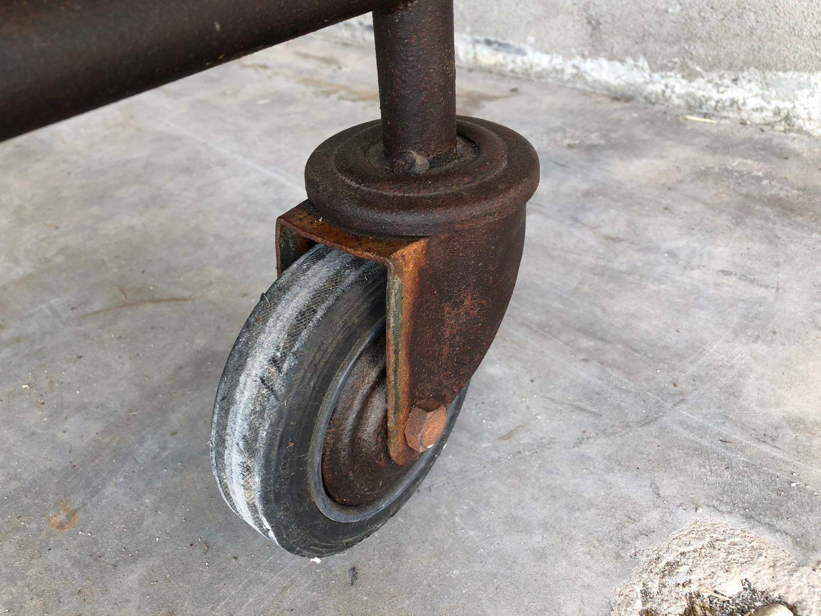 Midcentury Industrial Iron Wheeled Trolleys, 24 Piece Different Sizes Available For Sale 1