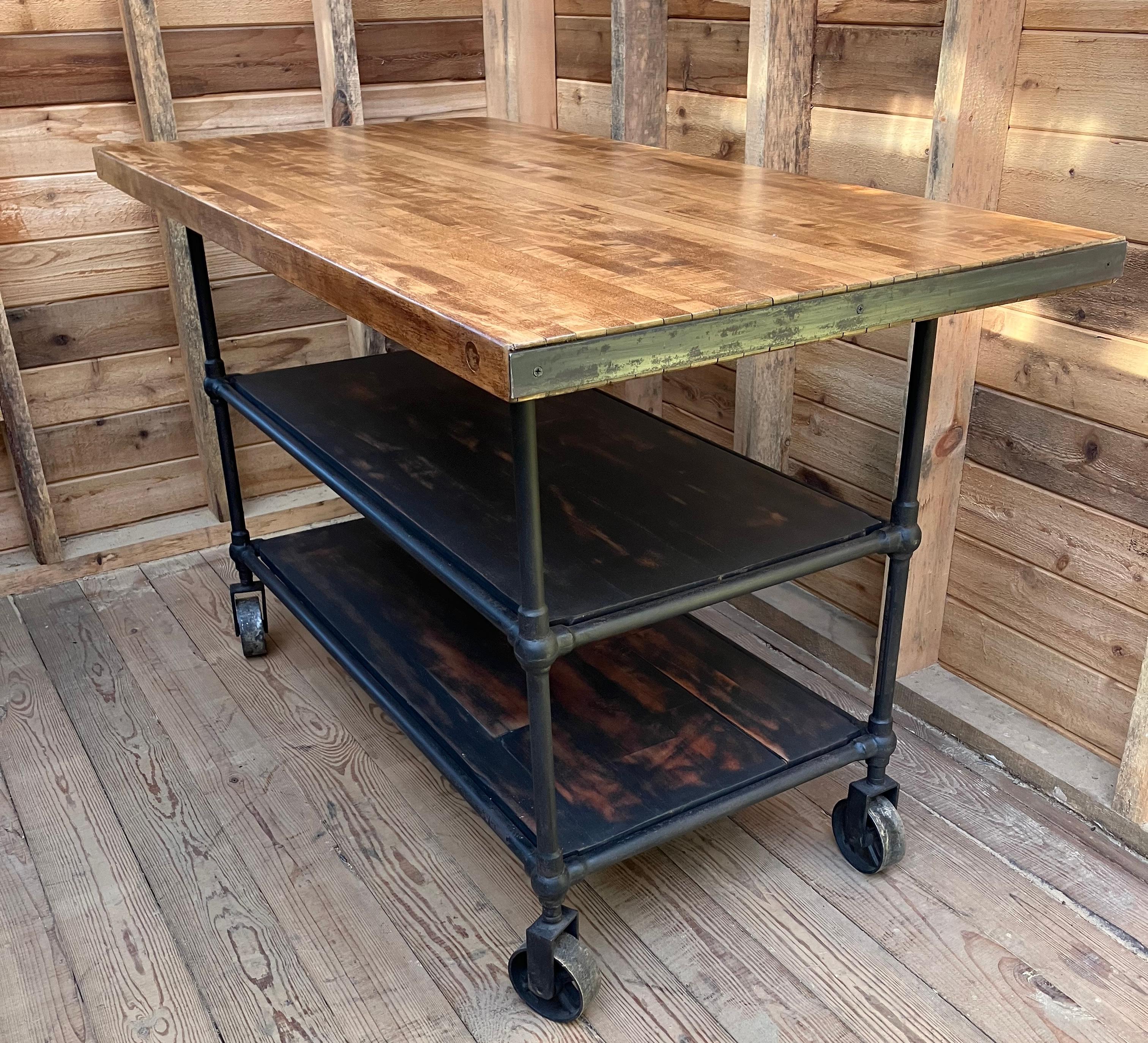 Mid Century Industrial Kitchen Island Worktable With Butcher Block Top For Sale 3