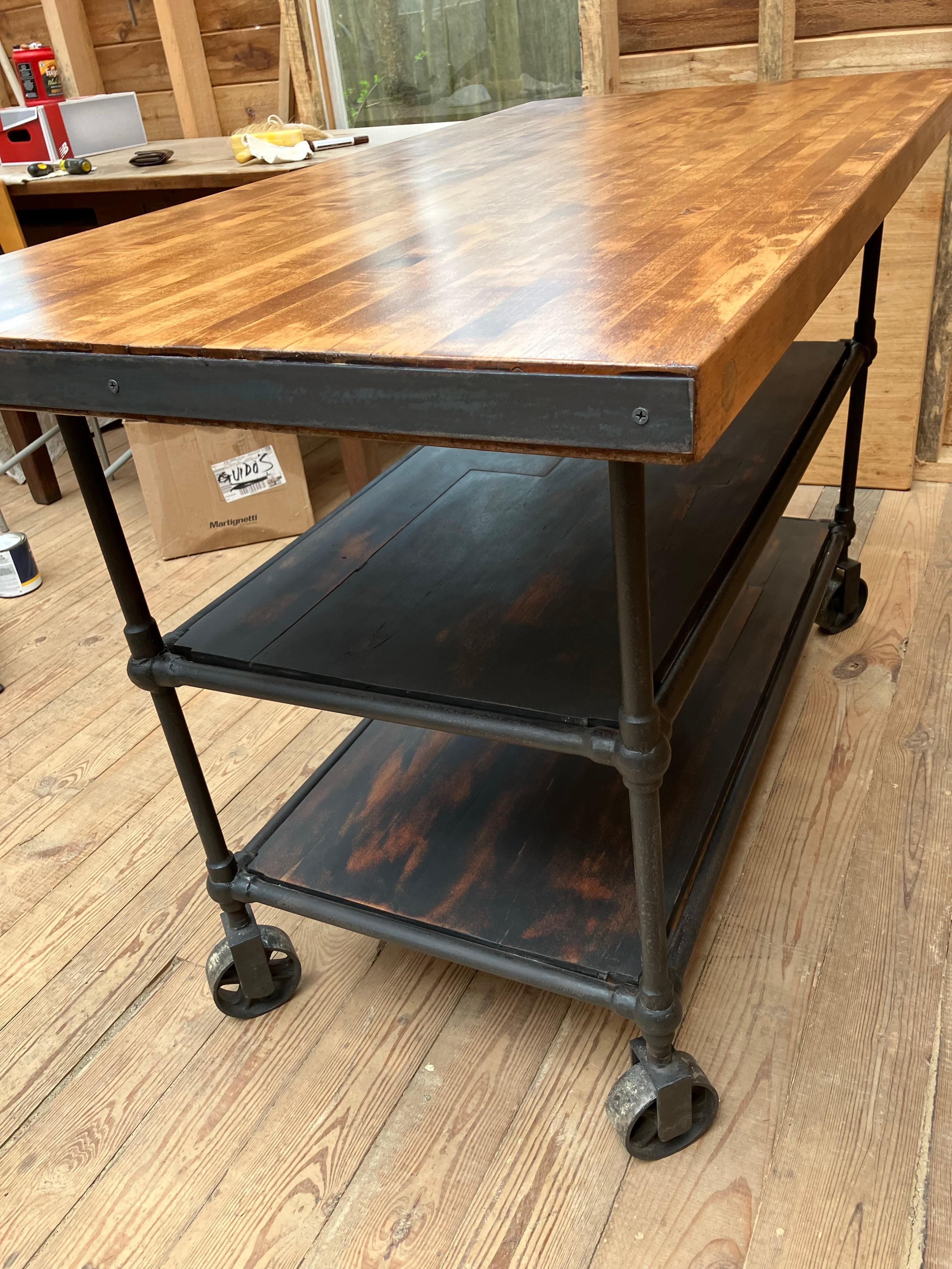 American Mid Century Industrial Kitchen Island Worktable With Butcher Block Top For Sale