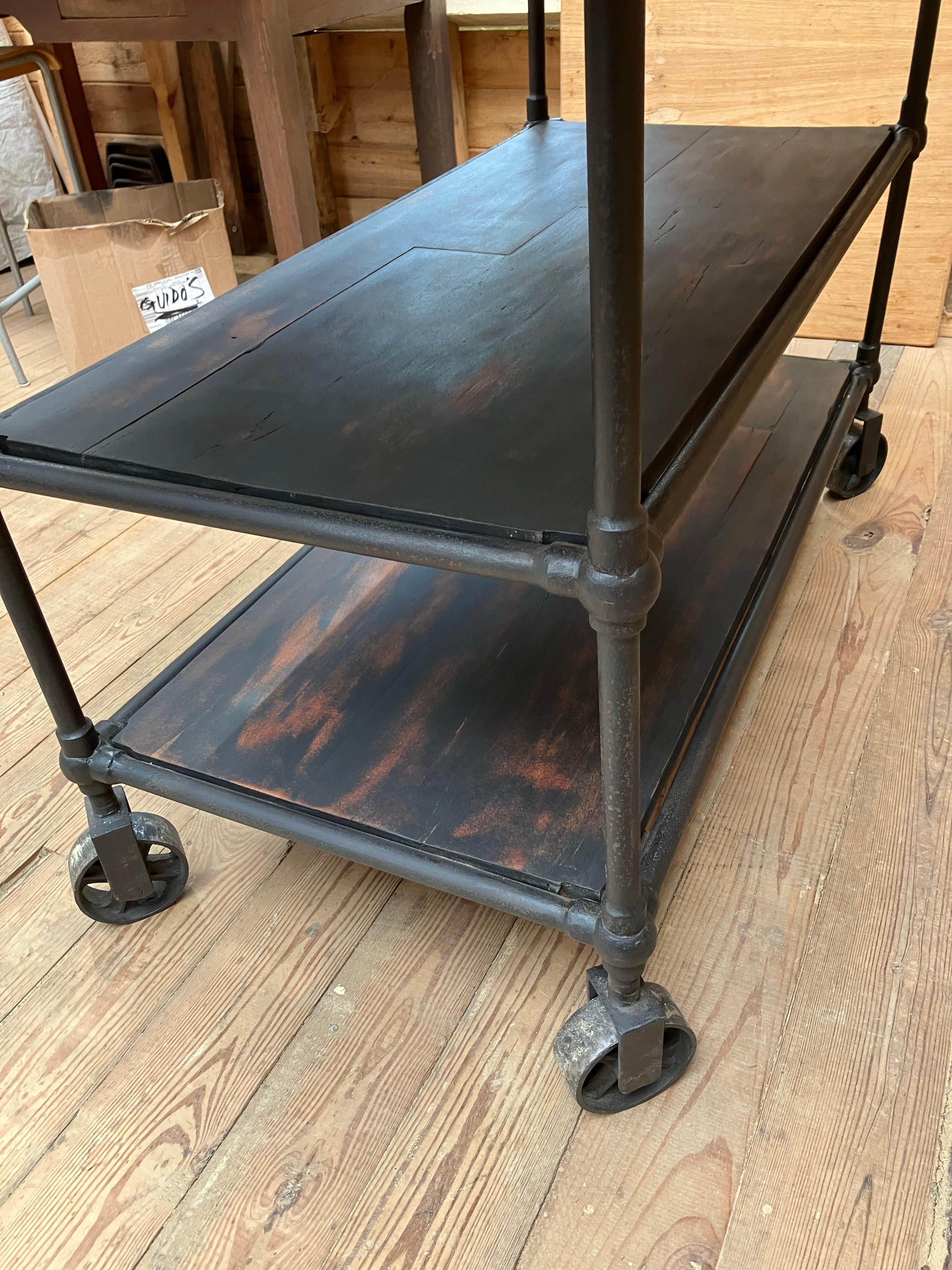 Hand-Crafted Mid Century Industrial Kitchen Island Worktable With Butcher Block Top For Sale