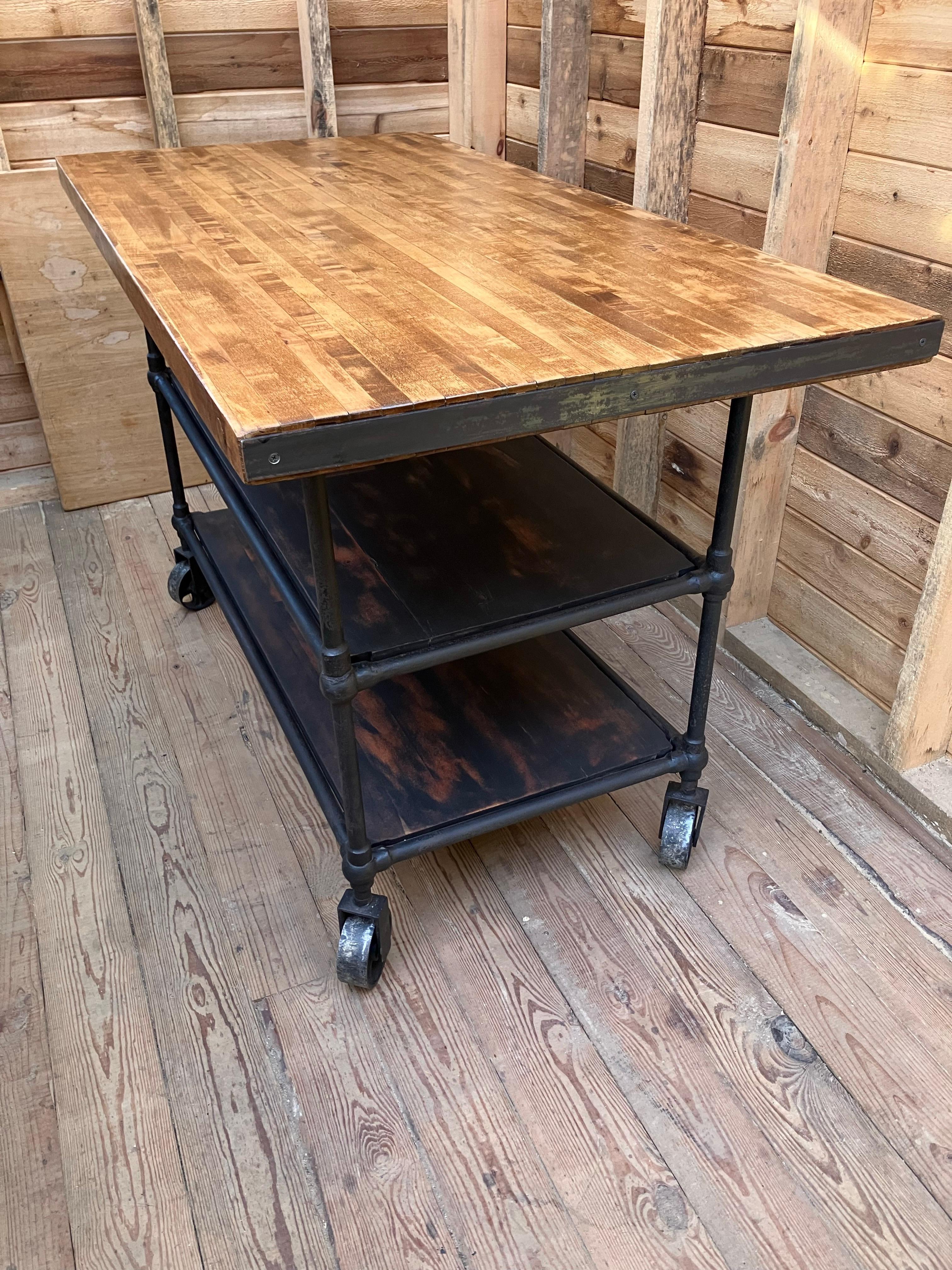 Iron Mid Century Industrial Kitchen Island Worktable With Butcher Block Top For Sale