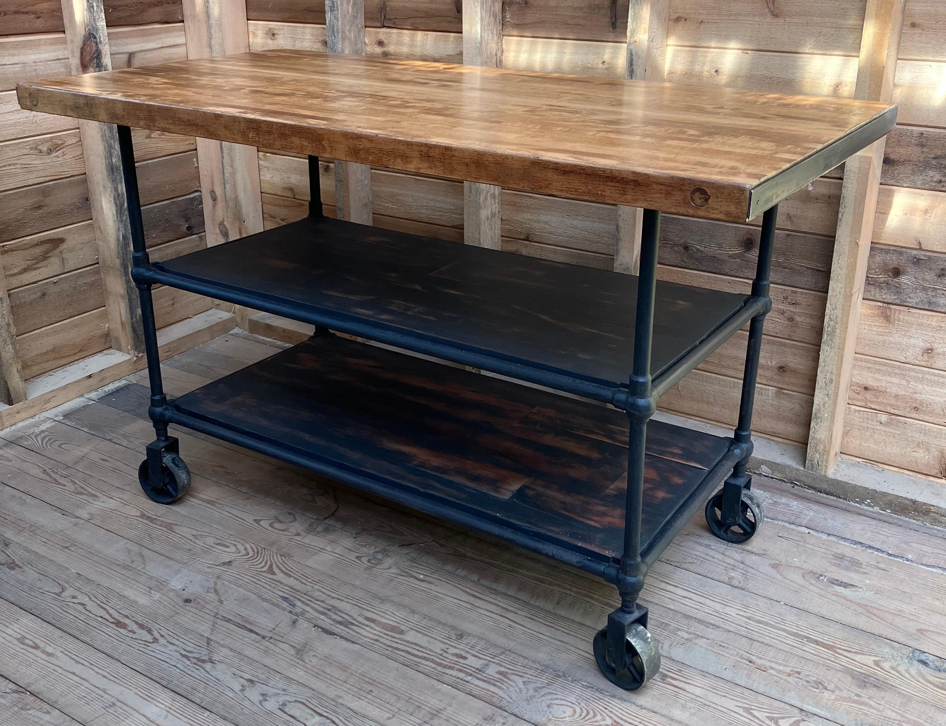 Mid Century Industrial Kitchen Island Worktable With Butcher Block Top For Sale 1