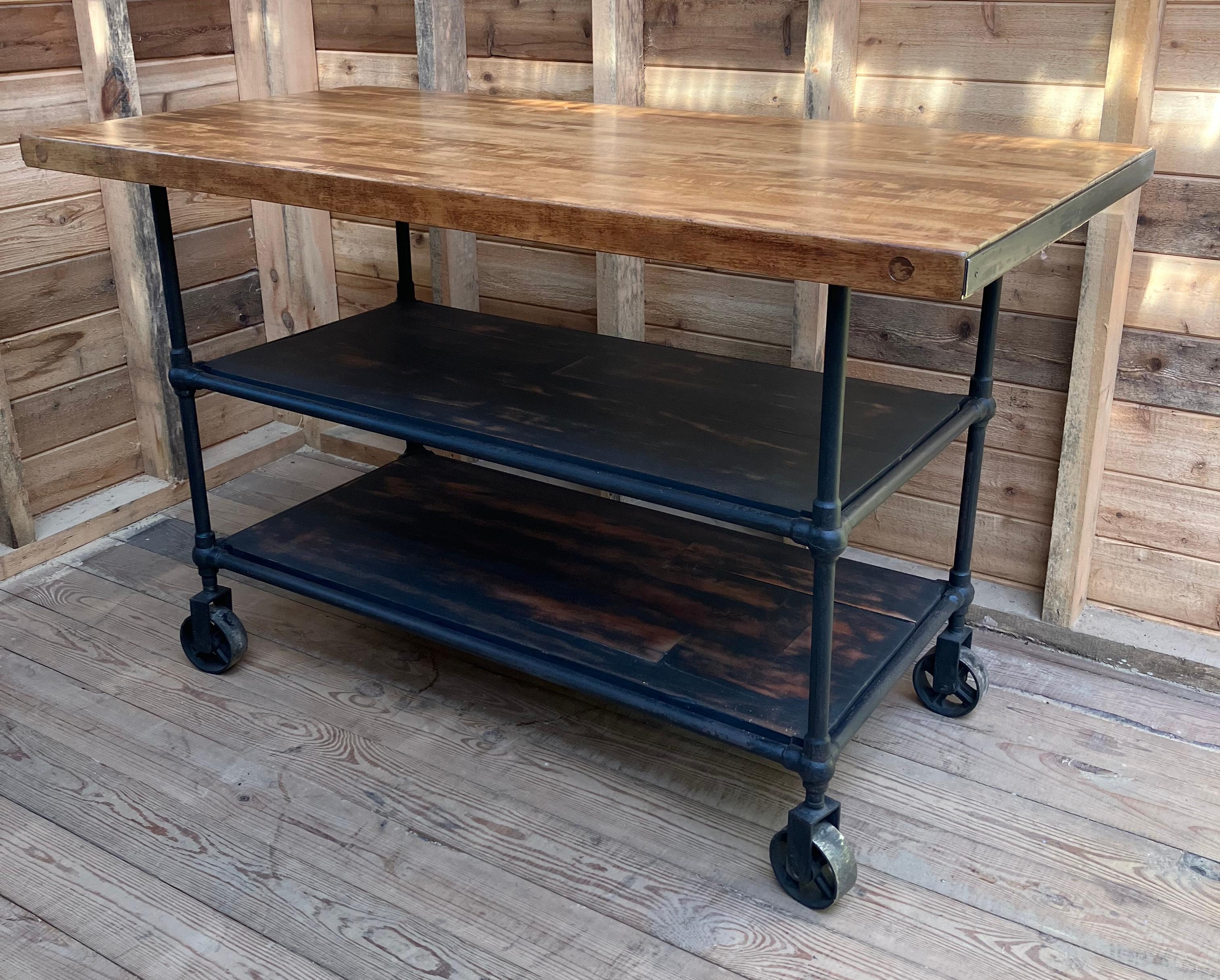 Mid Century Industrial Kitchen Island Worktable With Butcher Block Top For Sale 2