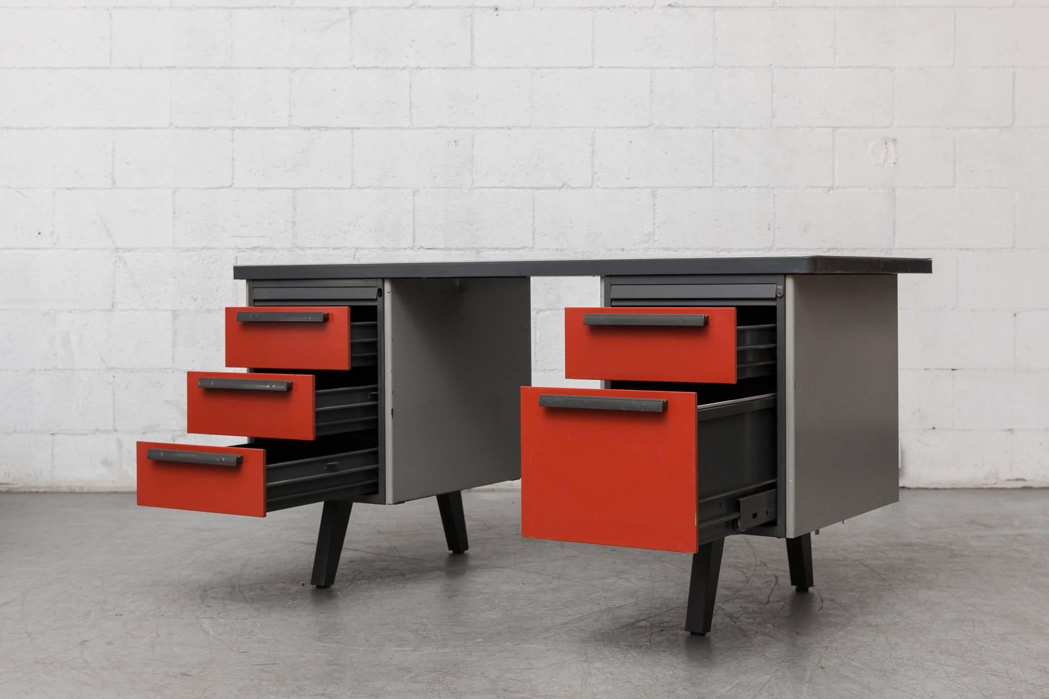 red desk with drawers