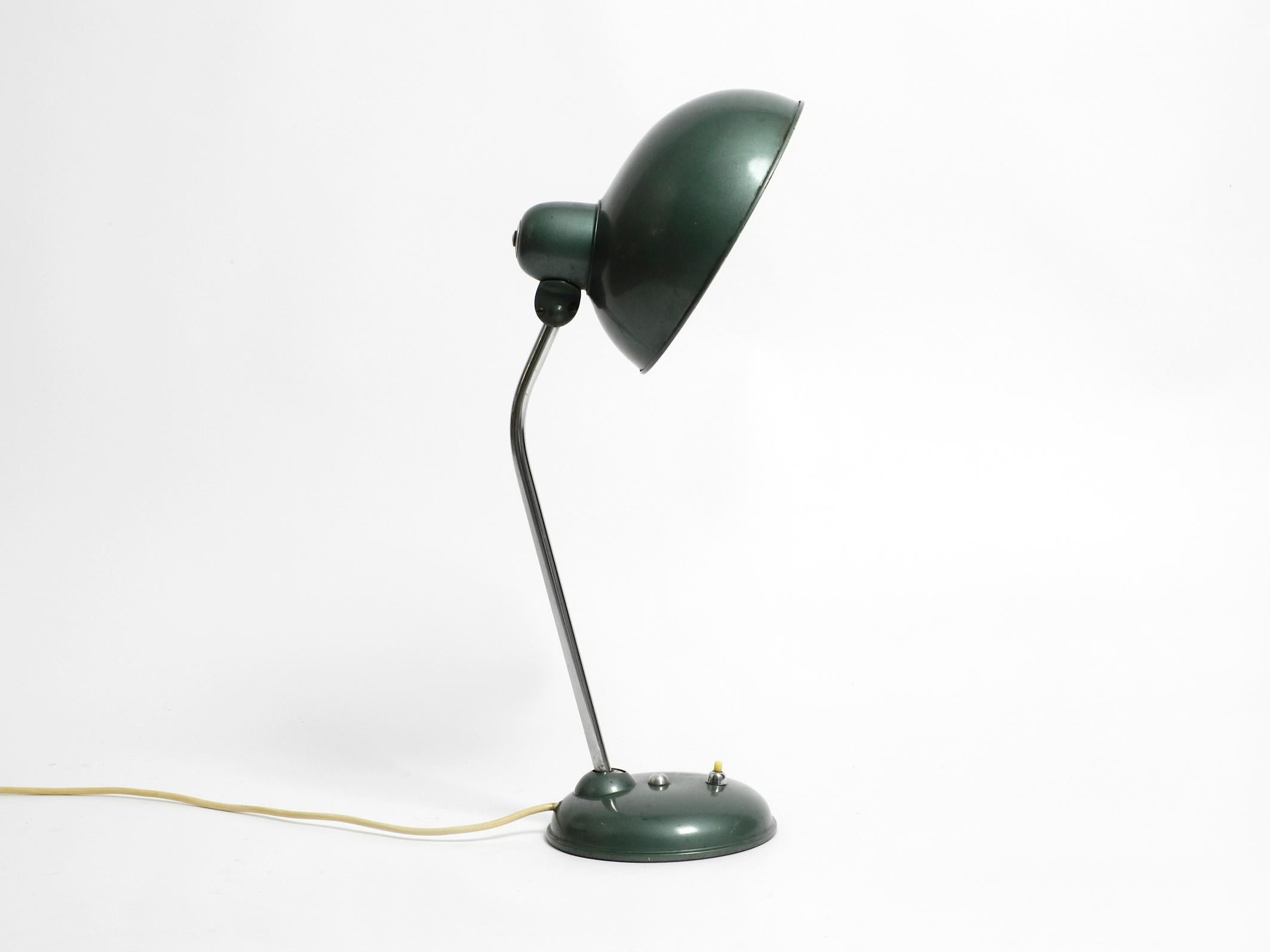 German Mid Century Industrial Metal Table Lamp in Rare Petrol Green by Helo Leuchten For Sale