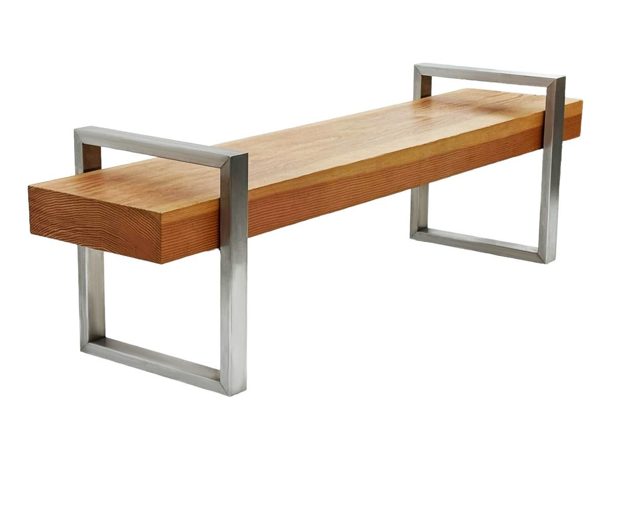 Mid-Century Modern Banc ou table basse longue de style industriel moderne du milieu du siècle en inox et en Oak  en vente