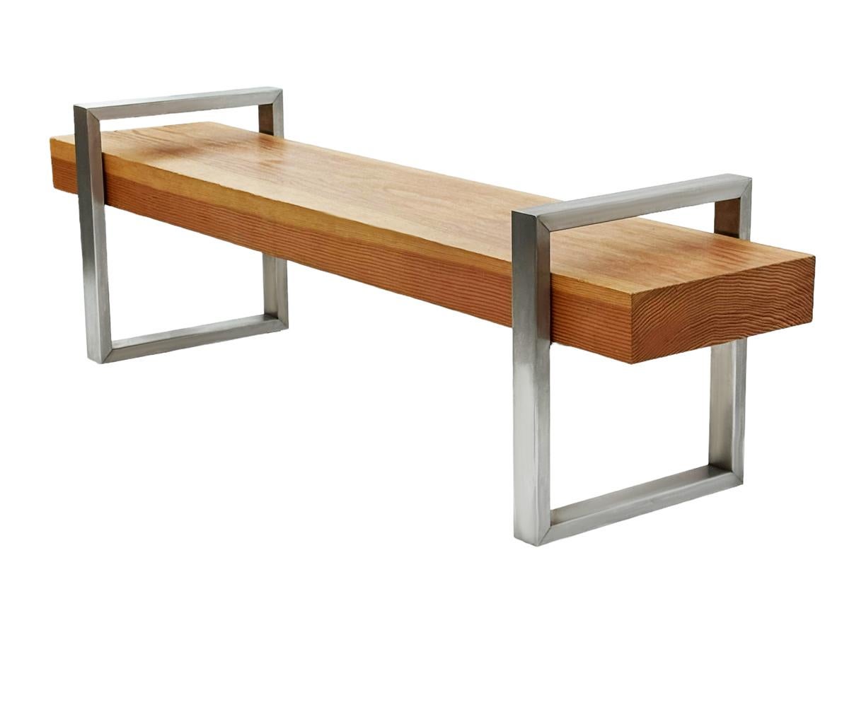 Contemporary Mid-Century Industrial Modern Long Bench or Coffee Table in Stainless & Oak  For Sale