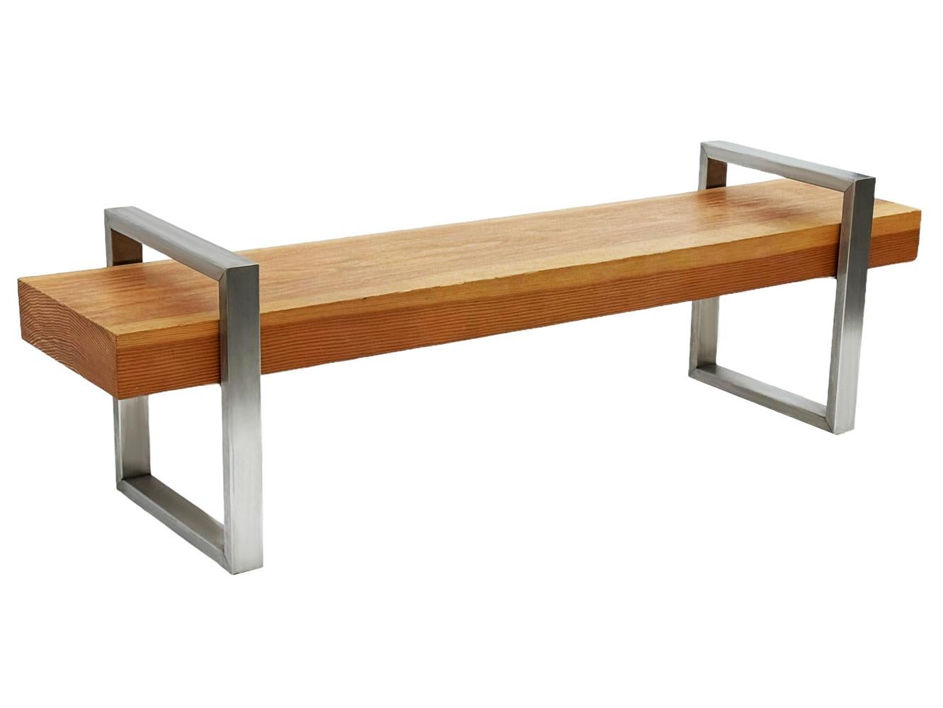 Banc ou table basse longue de style industriel moderne du milieu du siècle en inox et en Oak  en vente 1