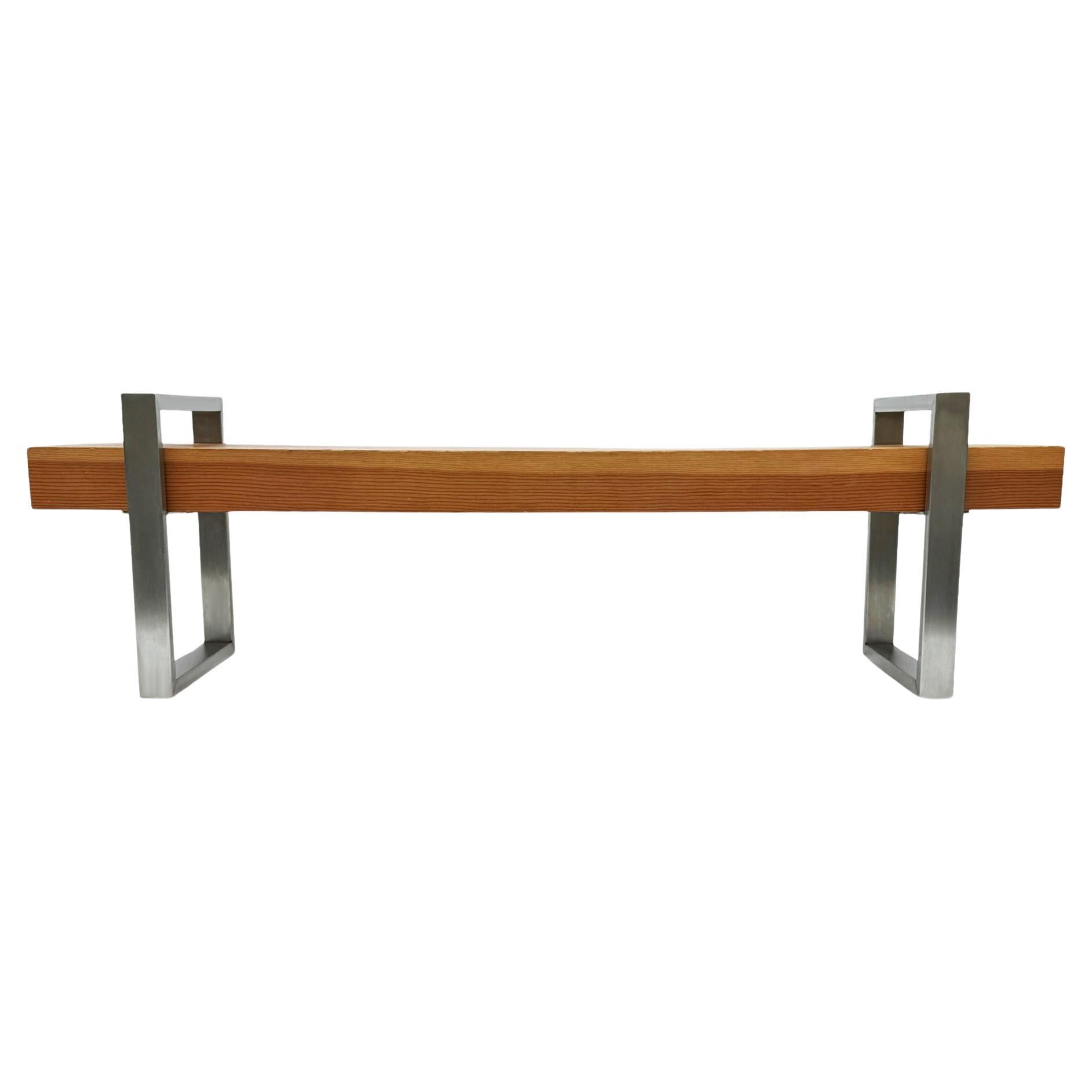 Banc ou table basse longue de style industriel moderne du milieu du siècle en inox et en Oak  en vente