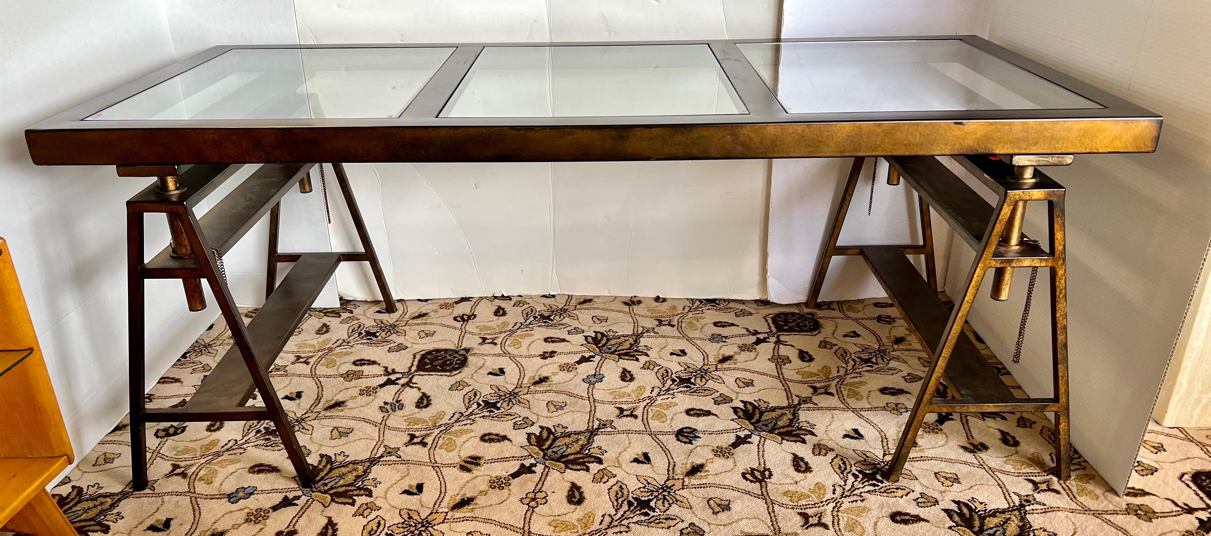 Metal Mid-Century Industrial Glass Saw Horse Writing Table Desk