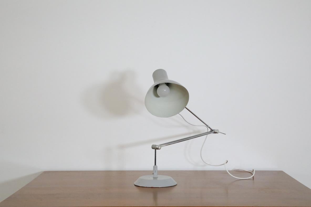 Enameled Mid-Century Satin Gray Industrial Task Lamp with Chrome Stem by Napako For Sale
