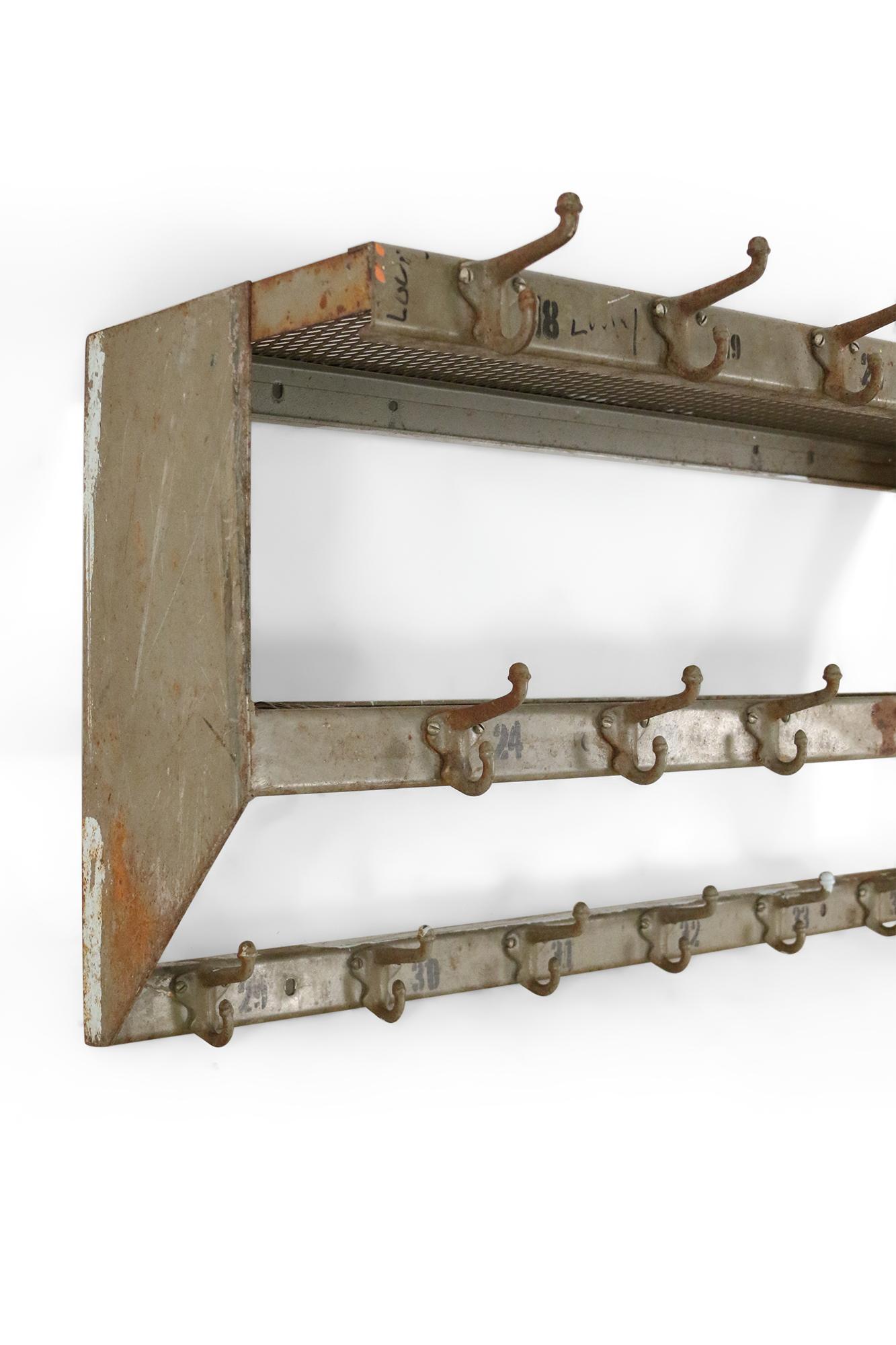 Patinated Mid-Century Industrial Unfinished Metal and Mesh Multi-Hook Wall Rack For Sale