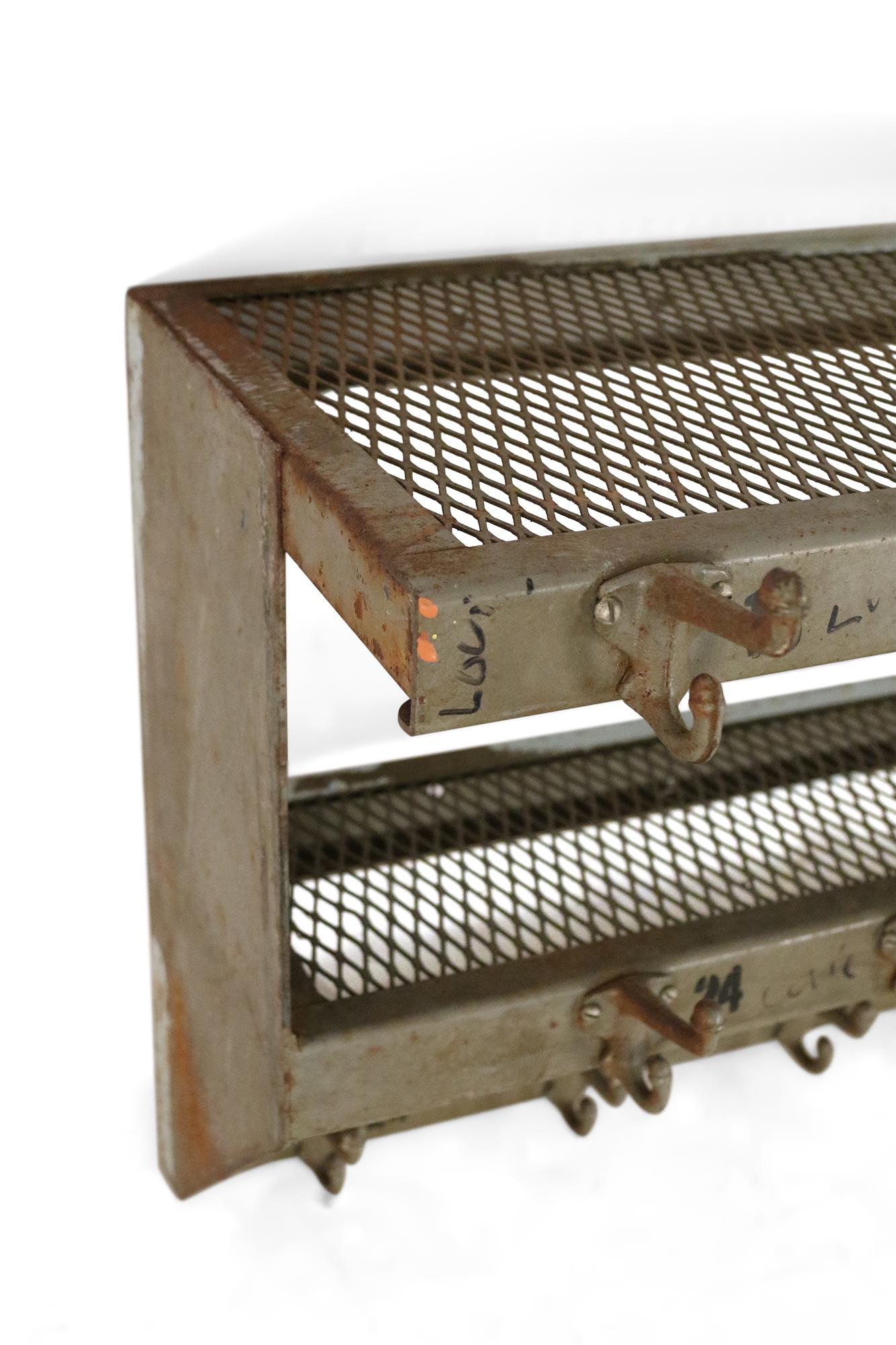 20th Century Mid-Century Industrial Unfinished Metal and Mesh Multi-Hook Wall Rack For Sale