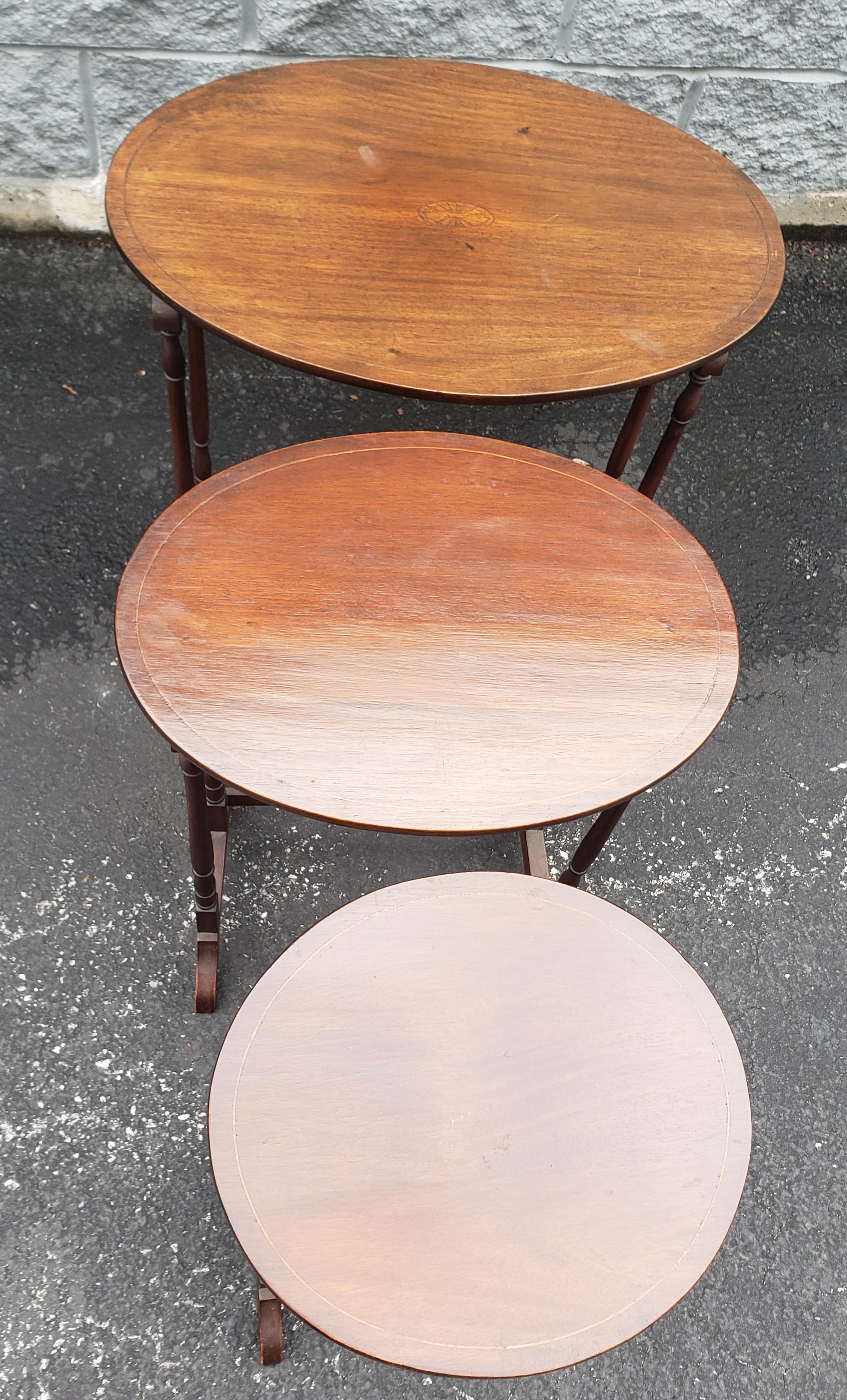 American Mid-Century Inlaid Mahogany Faux Bamboo Nesting Tables For Sale