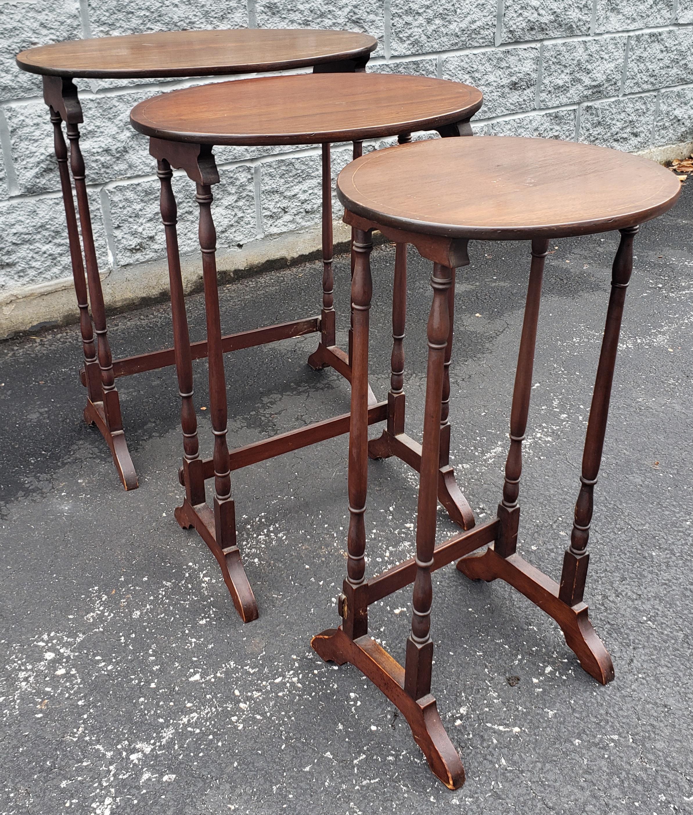 Inlay Mid-Century Inlaid Mahogany Faux Bamboo Nesting Tables For Sale