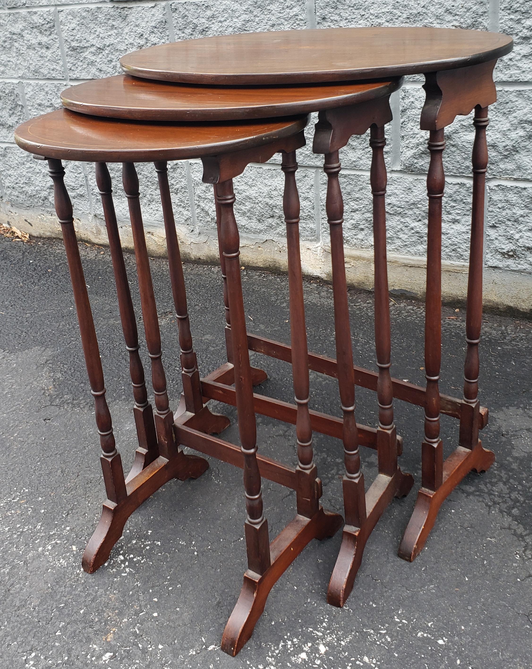 20th Century Mid-Century Inlaid Mahogany Faux Bamboo Nesting Tables For Sale
