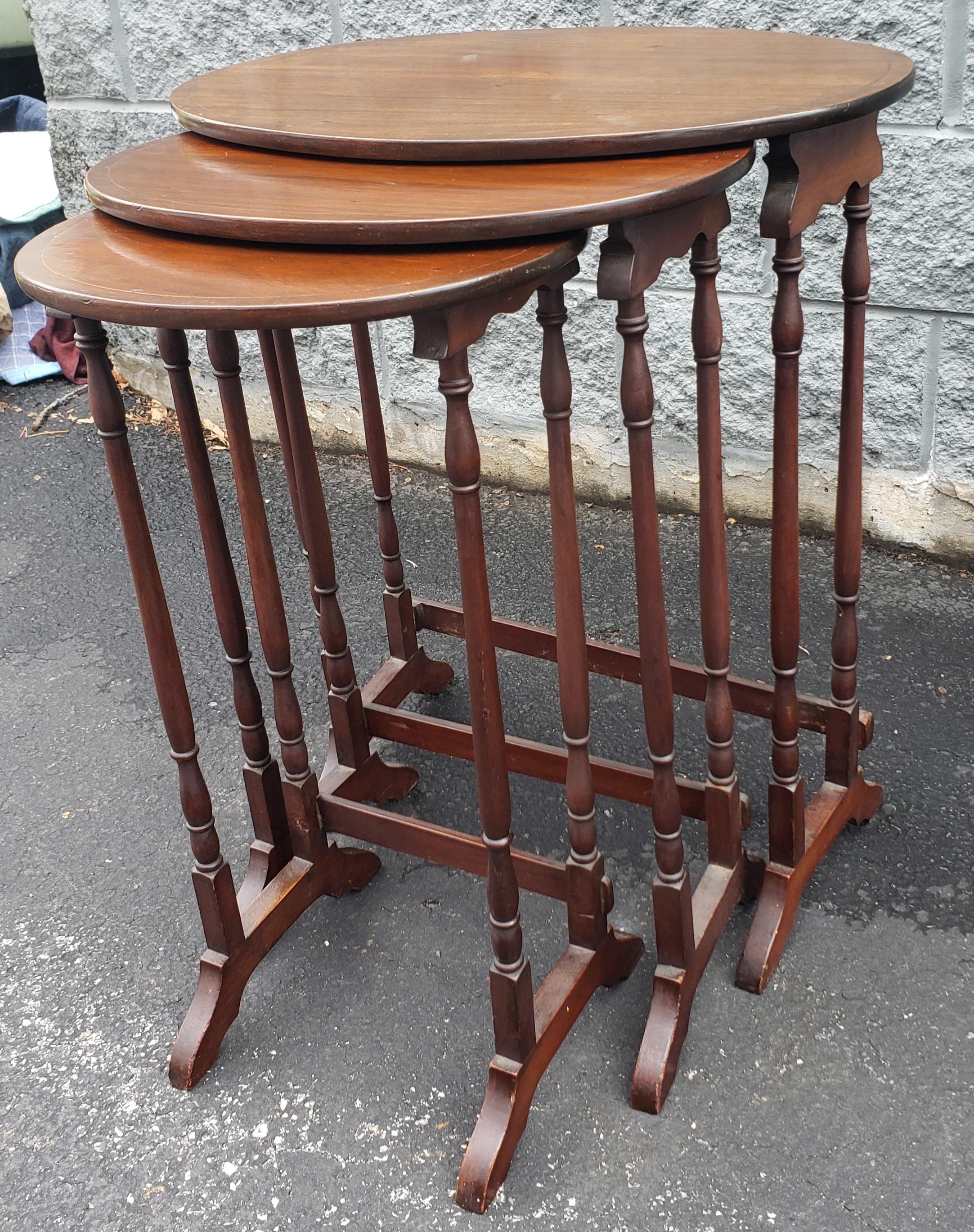 Mid-Century Inlaid Mahogany Faux Bamboo Nesting Tables For Sale 1