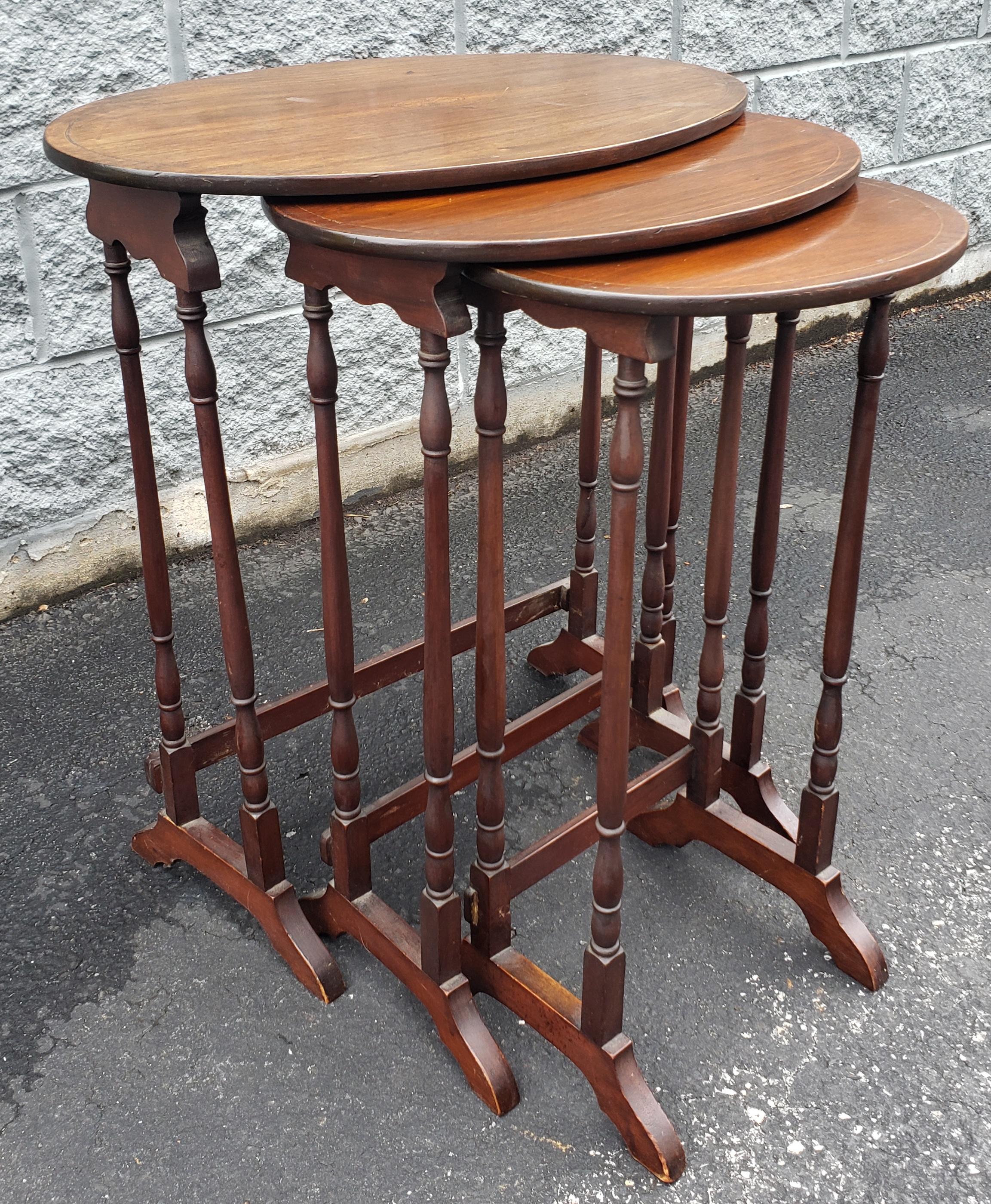 Mid-Century Inlaid Mahogany Faux Bamboo Nesting Tables For Sale 2