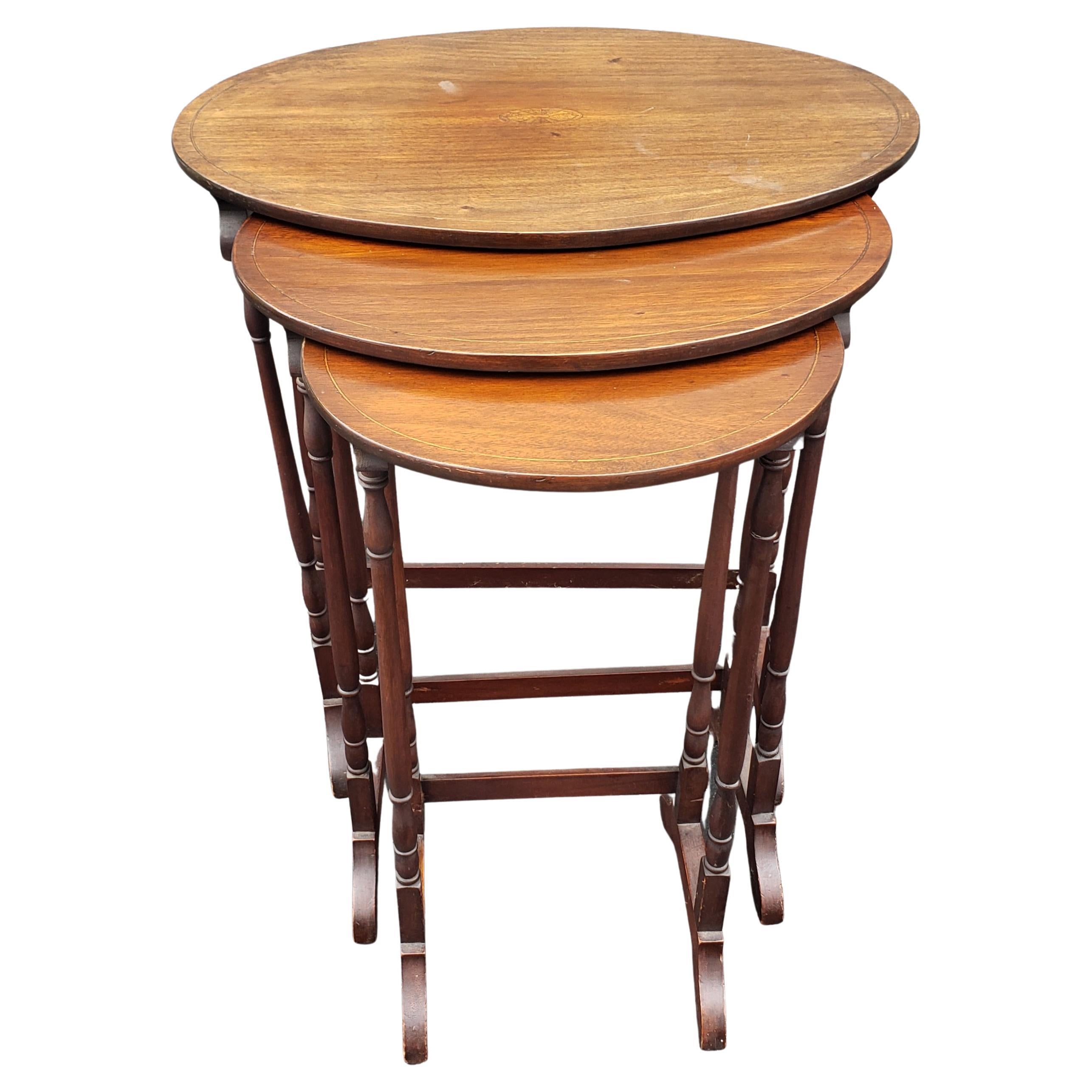 Mid-Century Inlaid Mahogany Faux Bamboo Nesting Tables For Sale
