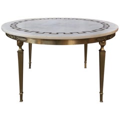 Table basse ronde du milieu du siècle en marbre et bronze incrustés