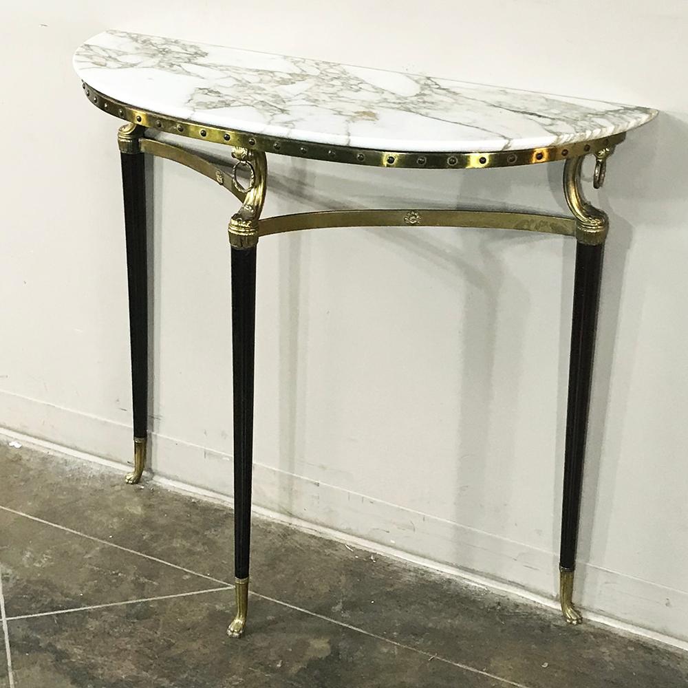 Mid-Century Modern Midcentury Inlaid Marble and Brass Demilune Console