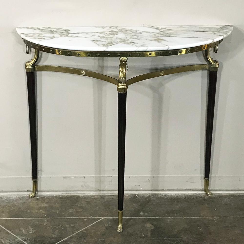 French Midcentury Inlaid Marble and Brass Demilune Console