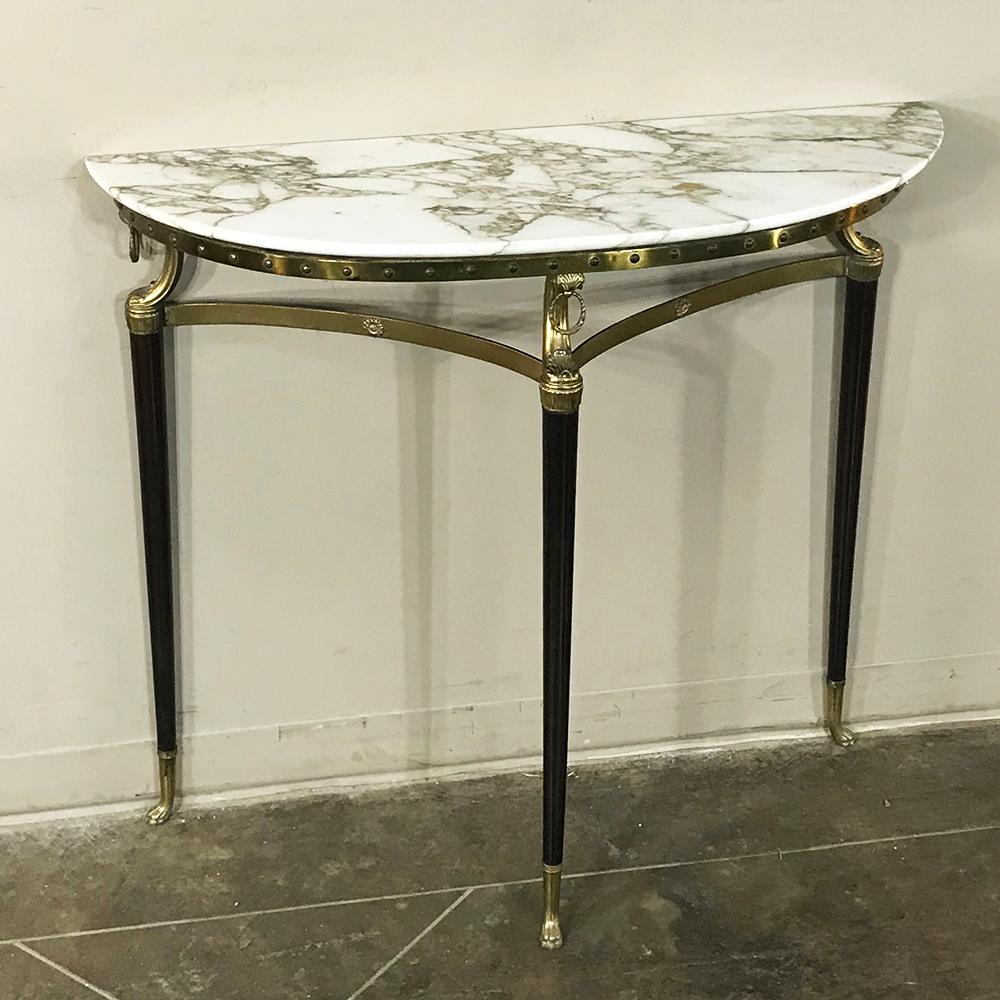 Hand-Crafted Midcentury Inlaid Marble and Brass Demilune Console