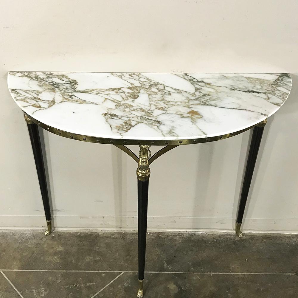 Midcentury Inlaid Marble and Brass Demilune Console 2