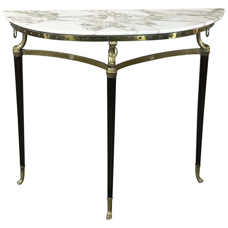 Midcentury Inlaid Marble and Brass Demilune Console