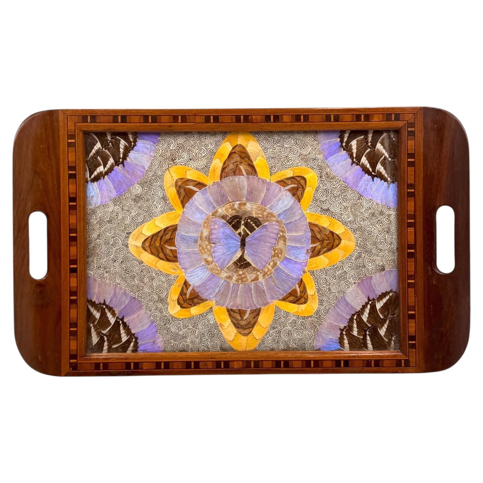 Mid-century inlaid wood and butterfly-wing tray, Brazil, 1950s