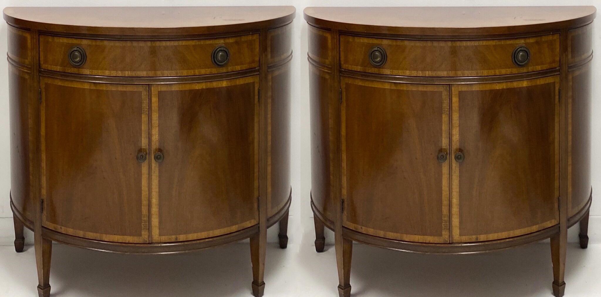 Brass Mid-Century Inland Mahogany Demilune Cabinets by Johnson Furniture Co., Pair
